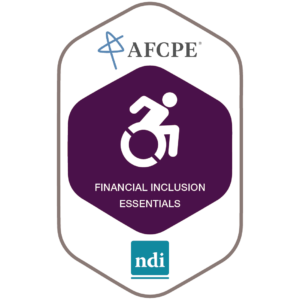 Octagon like shape with purple interior and an icon of a someone in a white wheelchair racing forward with the blue square logo for National Disability Institute in the bottom middle